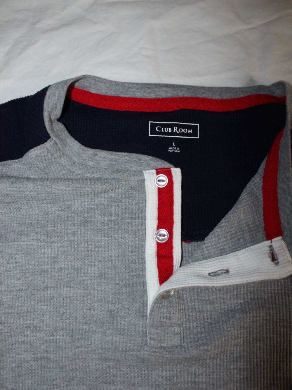 Club Room Gray Henley with Red and Navy Accents